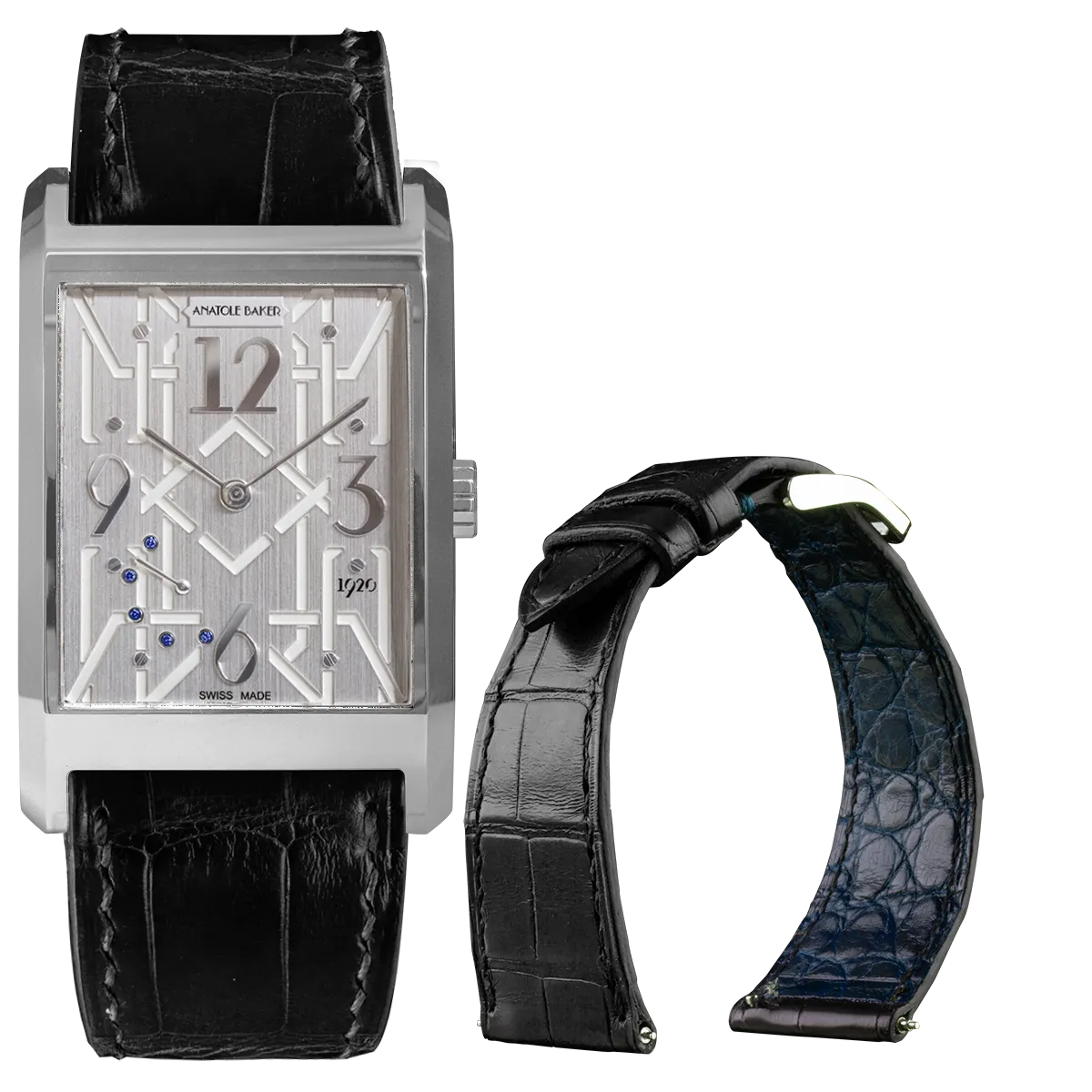 ANATOLE BAKER 1920 watch - Dandy blue sapphires - Black alligator strap with blue lining