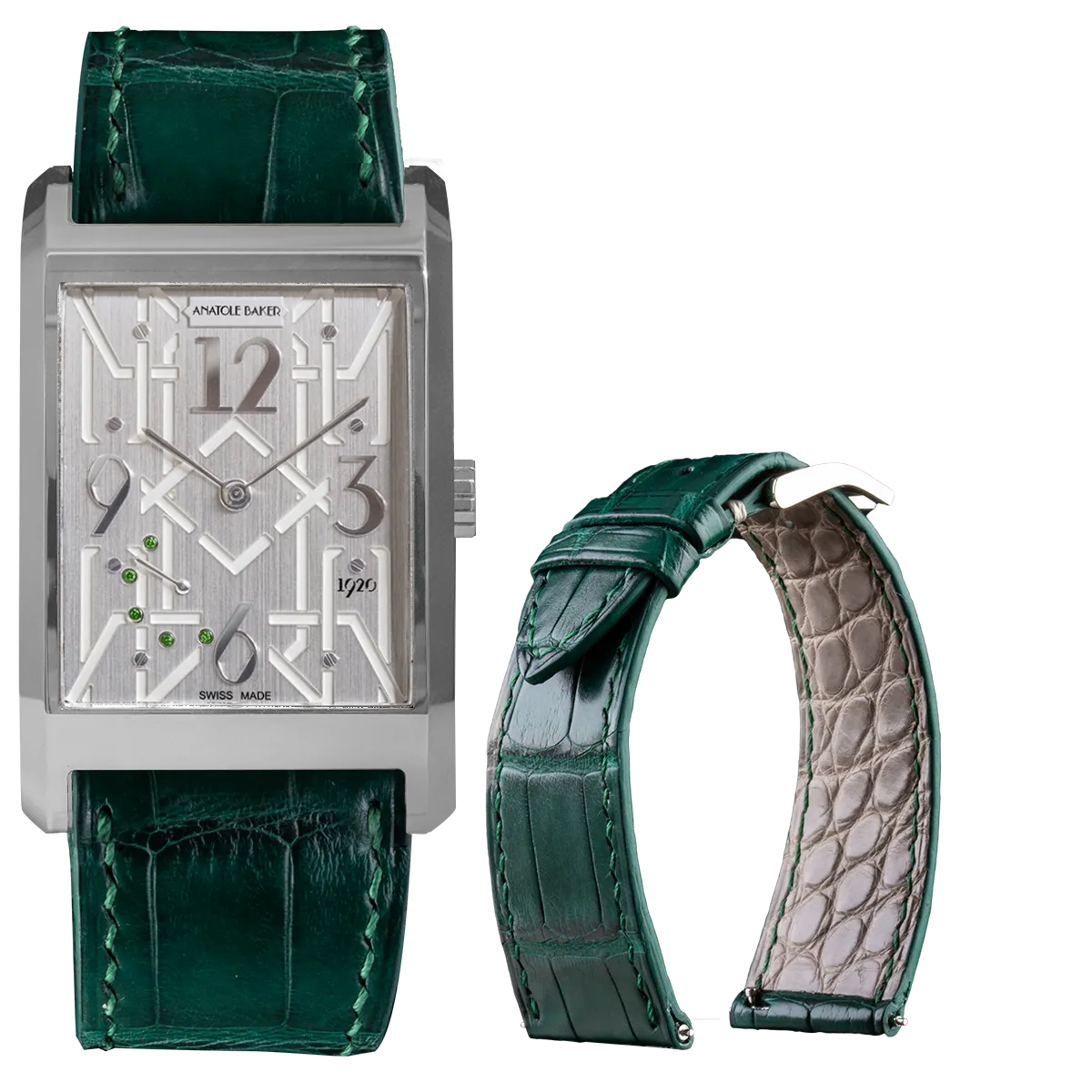 ANATOLE BAKER 1920 watch - Dandy green tsavorites - Green alligator strap 