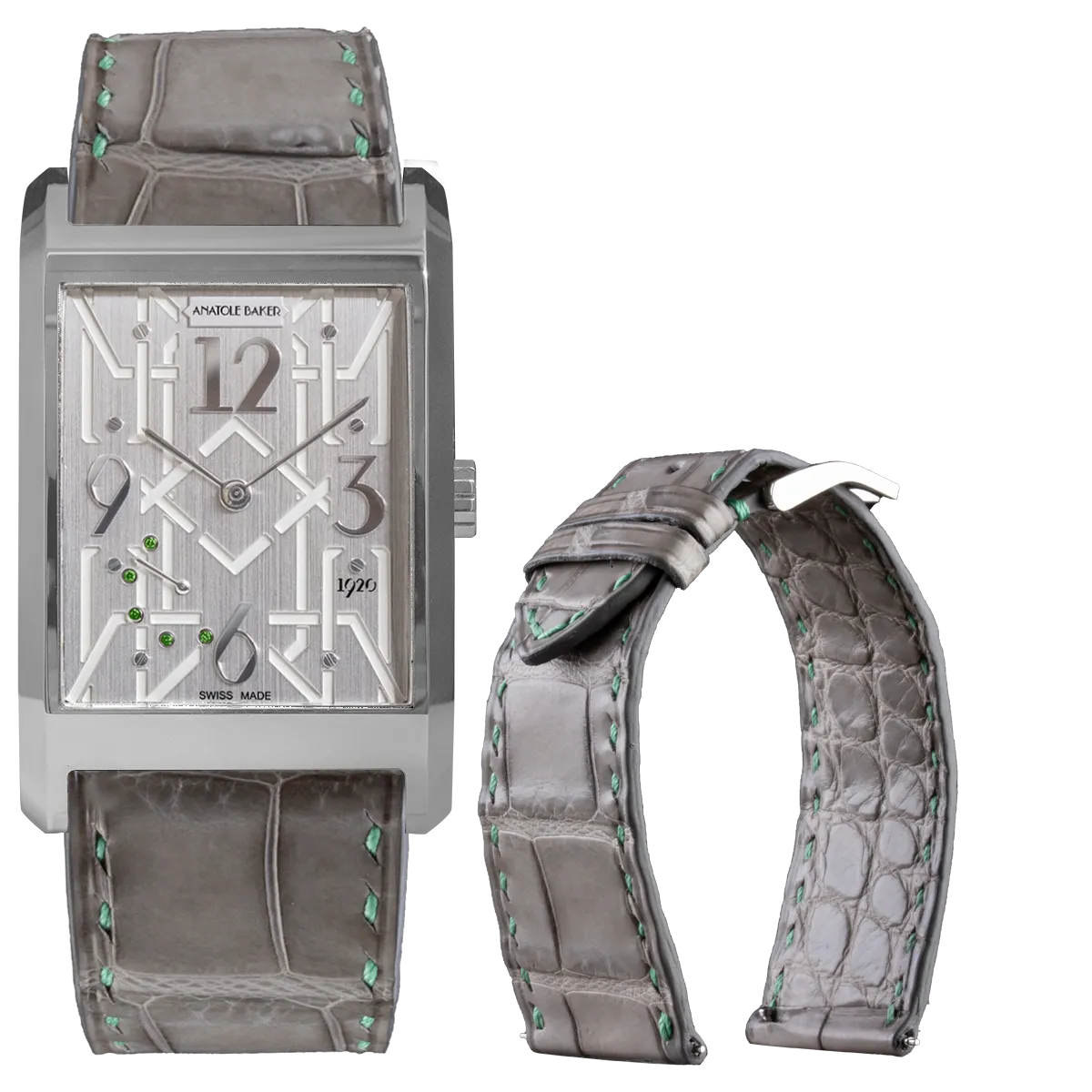 ANATOLE BAKER 1920 watch - Dandy green tsavorites - Grey alligator strap with green sewing