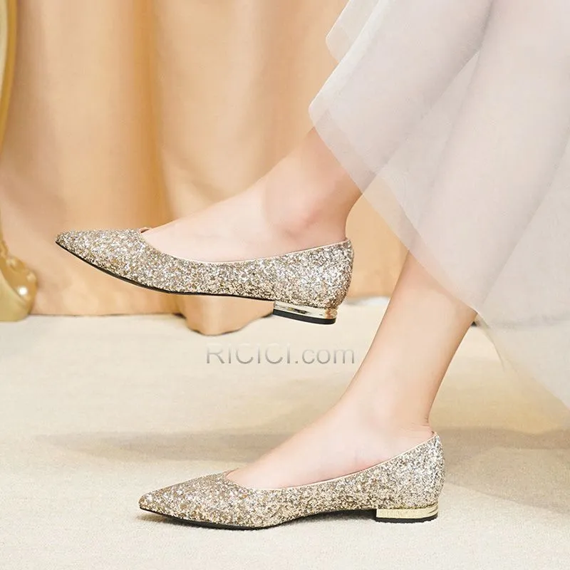 Chaussure Mariée Bout Pointu Paillette Or Champagne Glitter Ballerine Femme Plate