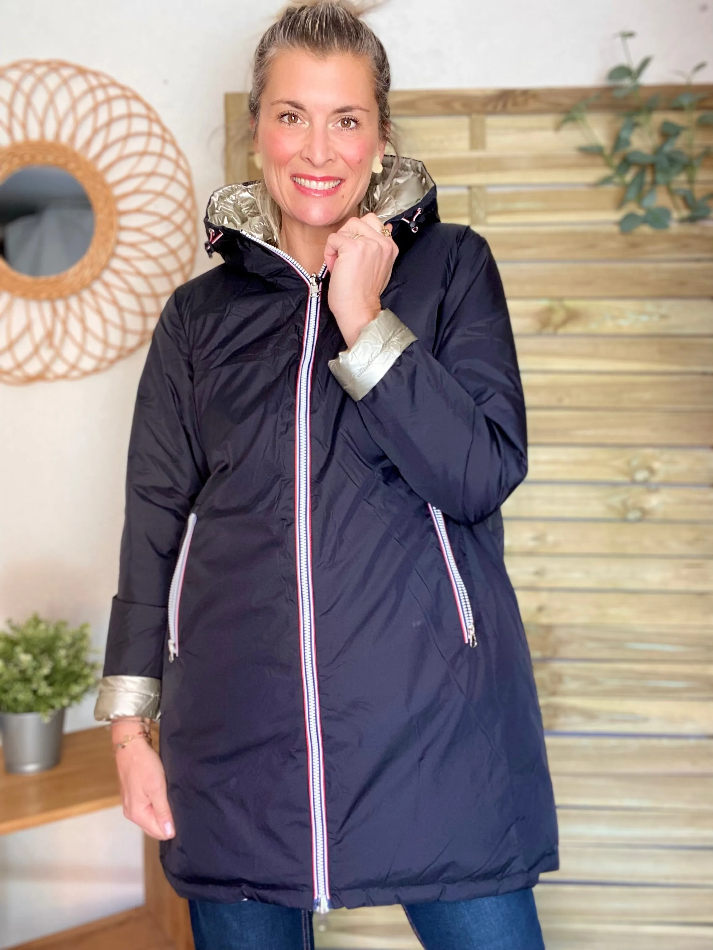 Doudoune réversible imperméable longue INS - Noir / Doré - Laura Jo