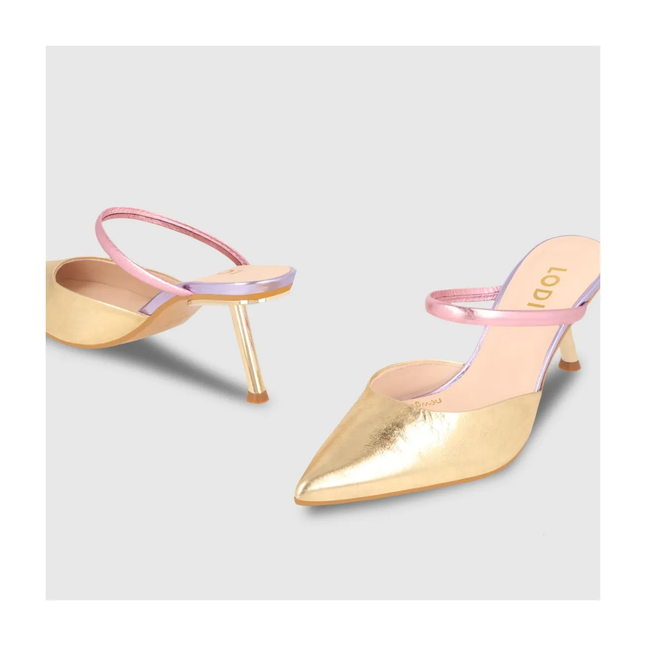 Escarpins à talon ouvert femme en cuir métallisé de couleur dorée, roses et lilas | LODI Chaussures pour femme en ligne.