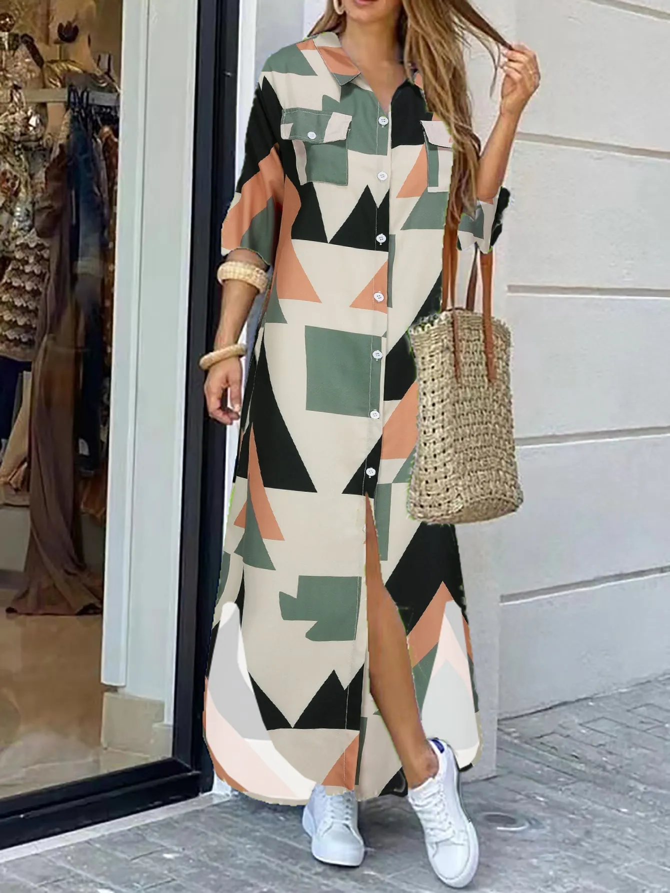 Femmes - Robe à manches longues - Motif vert olive chic - Tenue élégan