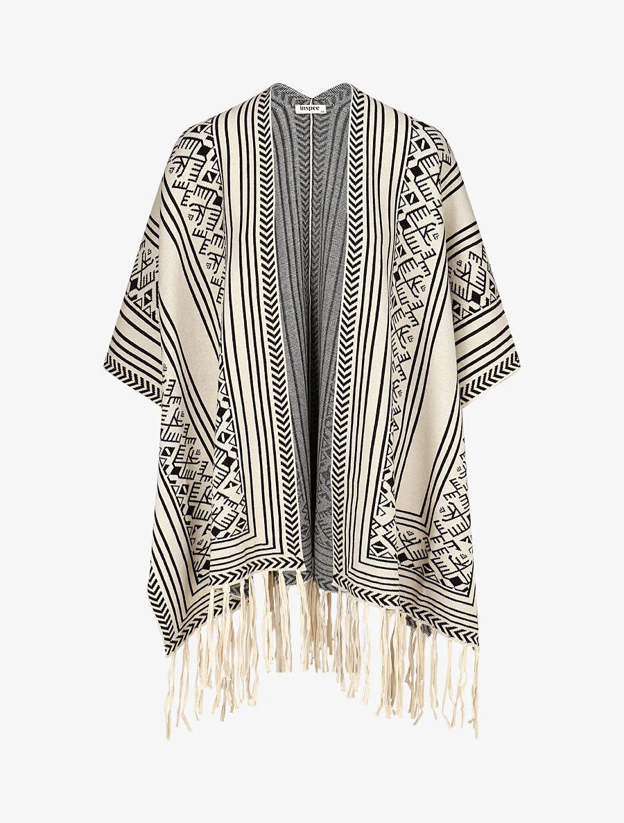 Poncho à imprimé graphique et franges