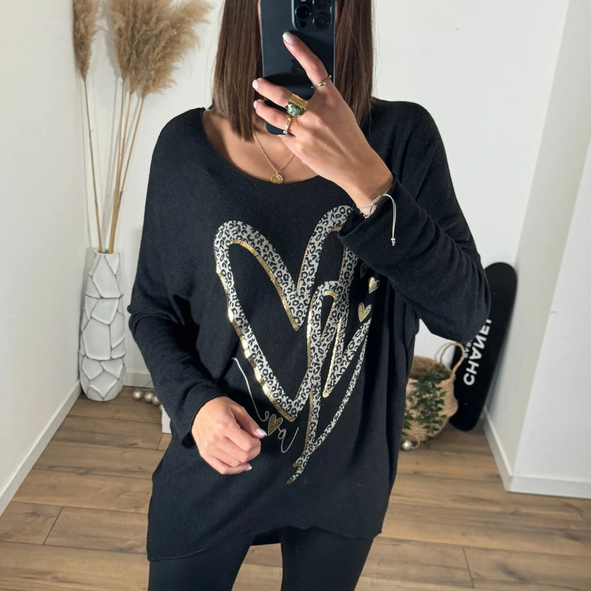 PULL NOIR COEUR LEOPARD