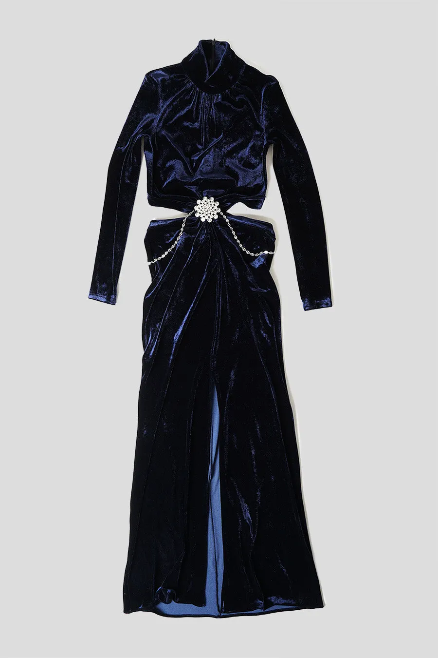 ROBE LONGUE EN VELOURS AVEC CEINTURE ORNE DE BIJOUX BLEU MARINE
