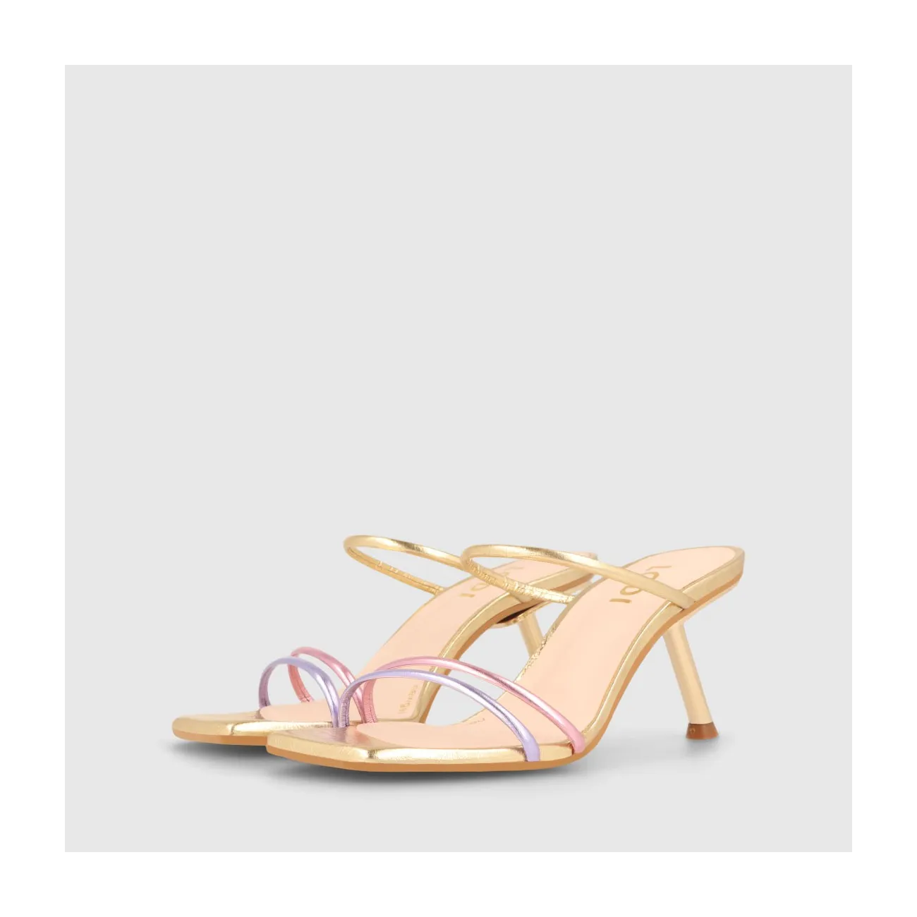 Sandales à talon femme en cuir métallisé de couleur dorée, roses et lilas | LODI Chaussures pour femme en ligne.
